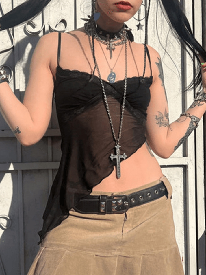 Y2K Fashion: Coquette Aesthetic Cami Top with Asymmetric Hem - Grunge Style, Pastel Goth, Cute Tops Y2K Fashion: Coquette Aesthetic Cami Top with Asymmetric Hem - Grunge Style, Pastel Goth, Cute Tops