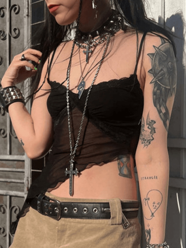 Y2K Fashion: Coquette Aesthetic Cami Top with Asymmetric Hem - Grunge Style, Pastel Goth, Cute Tops Y2K Fashion: Coquette Aesthetic Cami Top with Asymmetric Hem - Grunge Style, Pastel Goth, Cute Tops