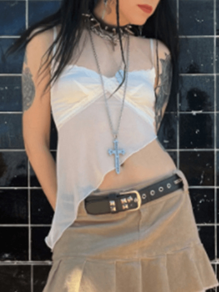 Y2K Fashion: Coquette Aesthetic Cami Top with Asymmetric Hem - Grunge Style, Pastel Goth, Cute Tops Y2K Fashion: Coquette Aesthetic Cami Top with Asymmetric Hem - Grunge Style, Pastel Goth, Cute Tops
