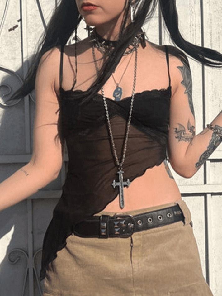 Y2K Fashion: Coquette Aesthetic Cami Top with Asymmetric Hem - Grunge Style, Pastel Goth, Cute Tops Y2K Fashion: Coquette Aesthetic Cami Top with Asymmetric Hem - Grunge Style, Pastel Goth, Cute Tops