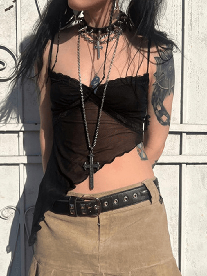 Y2K Fashion: Coquette Aesthetic Cami Top with Asymmetric Hem - Grunge Style, Pastel Goth, Cute Tops Y2K Fashion: Coquette Aesthetic Cami Top with Asymmetric Hem - Grunge Style, Pastel Goth, Cute Tops