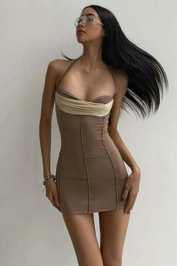 Y2K Fashion Coquette Aesthetic Cargo Skirt Dress with Backless Halter Design