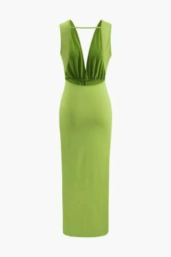 Y2K Fashion Coquette Aesthetic Deep V-Neck Backless Slit Midi Dress