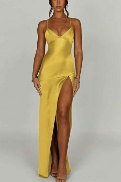 Y2K Fashion Coquette Aesthetic Deep V-Neck Suspender Slit Midi Dress
