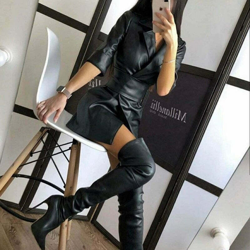 Y2K Fashion Coquette Aesthetic Grunge Style Leather Jacket Dress Y2K Fashion Coquette Aesthetic Grunge Style Leather Jacket Dress