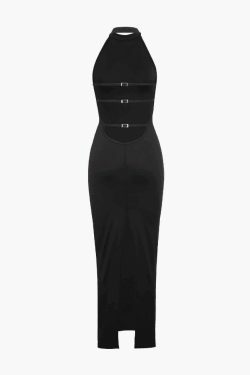 Y2K Fashion Coquette Aesthetic Halter Neck Backless Slit Midi Dress
