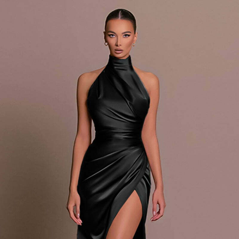 Y2K Fashion Coquette Aesthetic Halter Neck Slit Slim Dress - Grunge Style Cargo Skirt Outfit Y2K Fashion Coquette Aesthetic Halter Neck Slit Slim Dress - Grunge Style Cargo Skirt Outfit