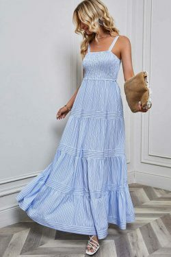 Y2K Fashion Coquette Aesthetic Maxi Dress with Waist Striped Detail