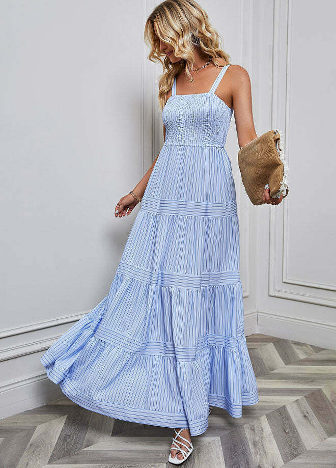 Y2K Fashion Coquette Aesthetic Maxi Dress with Waist Striped Detail Y2K Fashion Coquette Aesthetic Maxi Dress with Waist Striped Detail