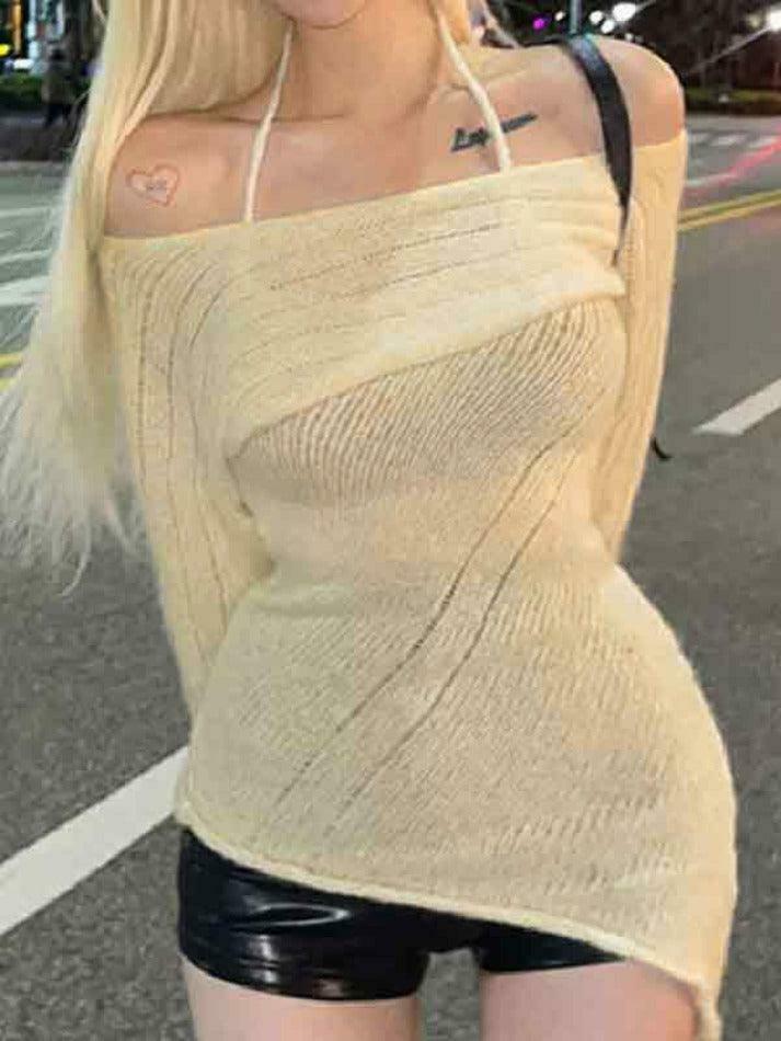 Y2K Fashion Coquette Aesthetic Off-Shoulder Halter Knit Sweater Y2K Fashion Coquette Aesthetic Off-Shoulder Halter Knit Sweater