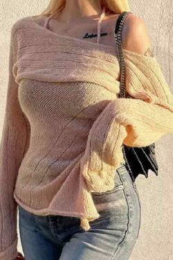 Y2K Fashion Coquette Aesthetic Off-Shoulder Halter Knit Sweater