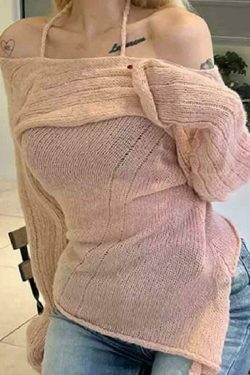 Y2K Fashion Coquette Aesthetic Off-Shoulder Halter Knit Sweater