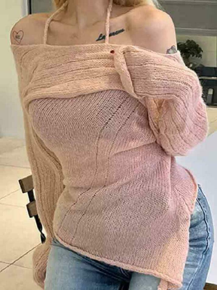 Y2K Fashion Coquette Aesthetic Off-Shoulder Halter Knit Sweater Y2K Fashion Coquette Aesthetic Off-Shoulder Halter Knit Sweater