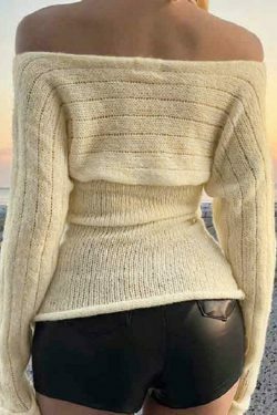 Y2K Fashion Coquette Aesthetic Off-Shoulder Halter Knit Sweater