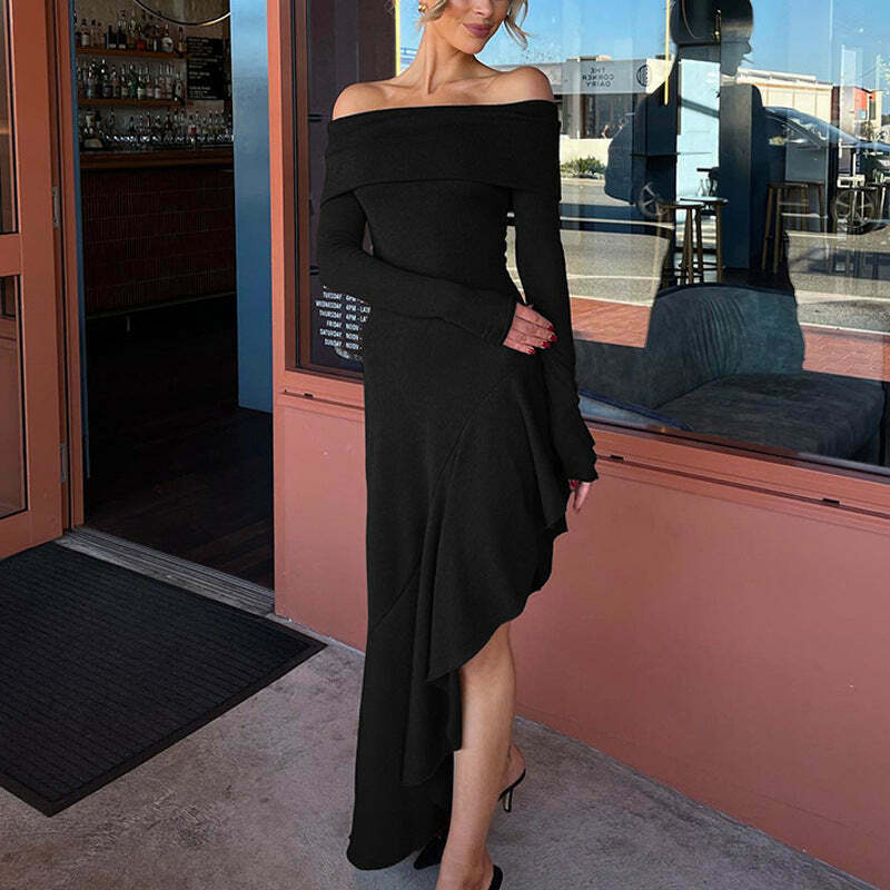 Y2K Fashion Coquette Aesthetic Off-Shoulder Ruffled Long Dress Y2K Fashion Coquette Aesthetic Off-Shoulder Ruffled Long Dress