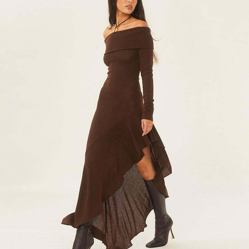 Y2K Fashion Coquette Aesthetic Off-Shoulder Ruffled Long Dress Y2K Fashion Coquette Aesthetic Off-Shoulder Ruffled Long Dress