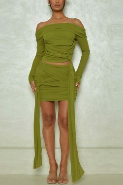 Y2K Fashion Coquette Aesthetic Pleated Off-Shoulder Skirt Suit