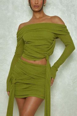 Y2K Fashion Coquette Aesthetic Pleated Off-Shoulder Skirt Suit