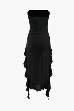 Y2K Fashion Coquette Aesthetic Ruffle Hem Slit Strapless Midi Dress