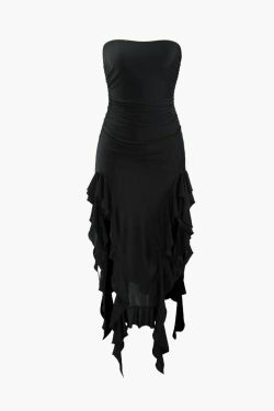 Y2K Fashion Coquette Aesthetic Ruffle Hem Slit Strapless Midi Dress