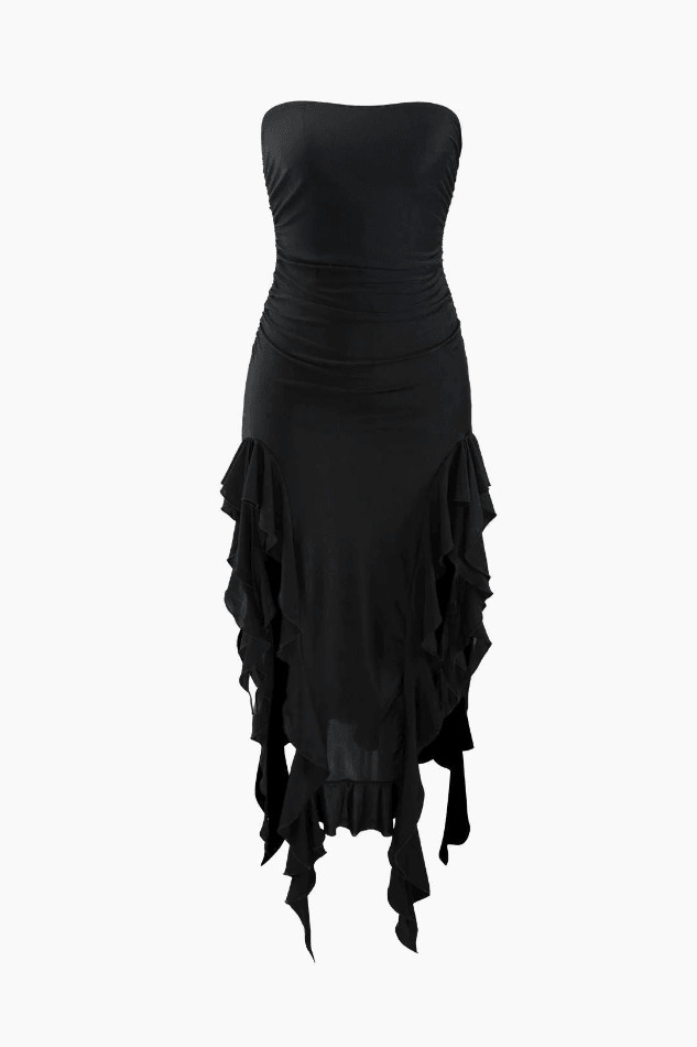 Y2K Fashion Coquette Aesthetic Ruffle Hem Slit Strapless Midi Dress Y2K Fashion Coquette Aesthetic Ruffle Hem Slit Strapless Midi Dress