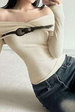 Y2K Fashion Crossover Off Shoulder Belted Knit Sweater