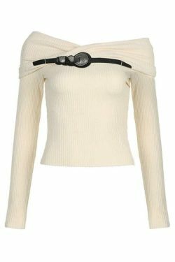 Y2K Fashion Crossover Off Shoulder Belted Knit Sweater