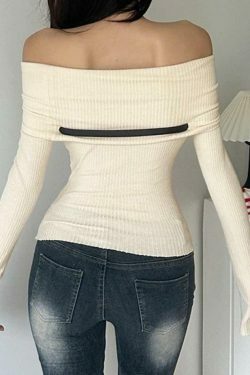 Y2K Fashion Crossover Off Shoulder Belted Knit Sweater