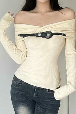 Y2K Fashion Crossover Off Shoulder Belted Knit Sweater