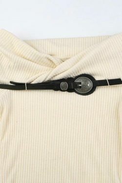 Y2K Fashion Crossover Off Shoulder Belted Knit Sweater