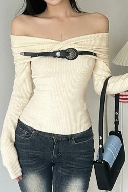 Y2K Fashion Crossover Off Shoulder Belted Knit Sweater