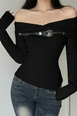 Y2K Fashion Crossover Off Shoulder Belted Knit Sweater
