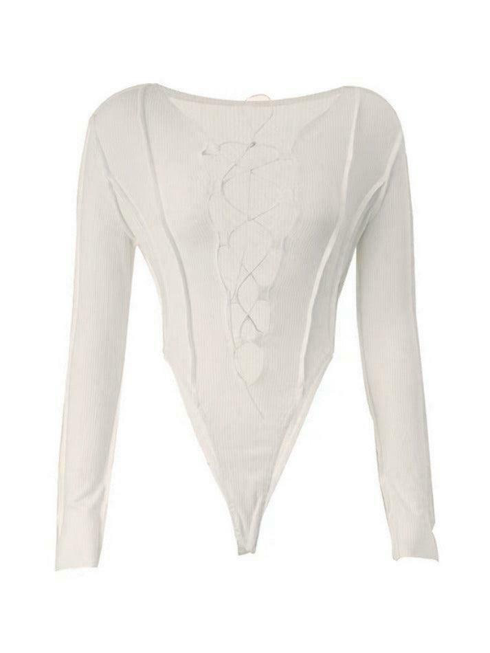 Y2K Fashion Cutout Cross Lace-Up Bodysuit for Coquette Aesthetic Grunge Style Women