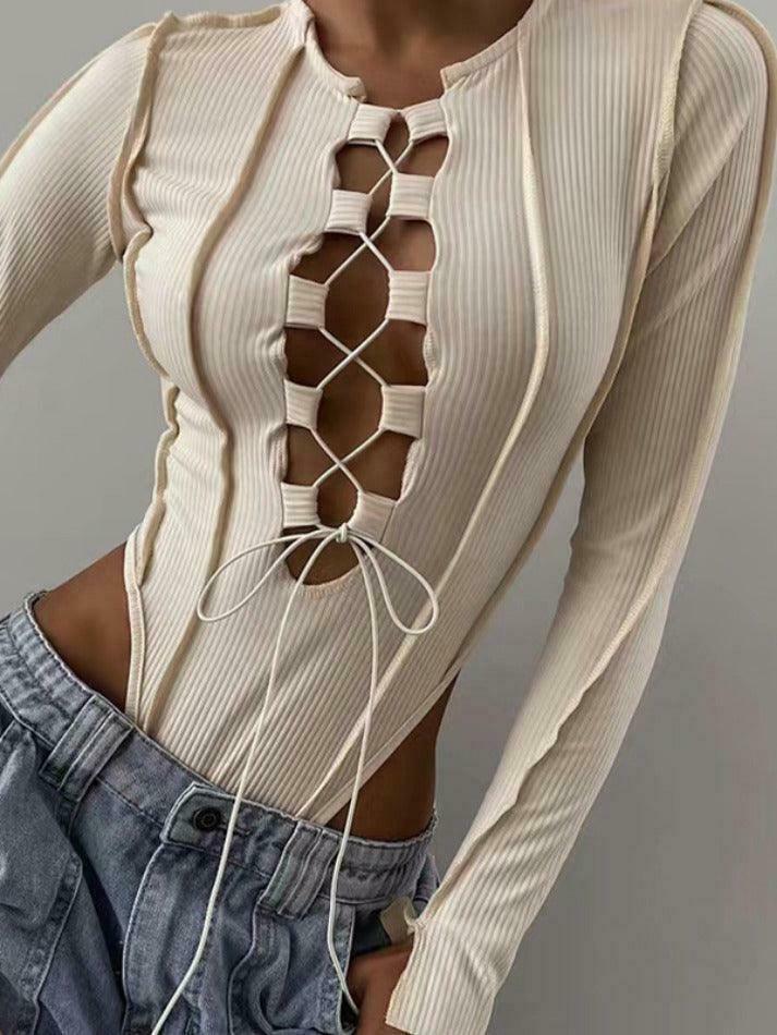 Y2K Fashion Cutout Cross Lace-Up Bodysuit for Coquette Aesthetic Grunge Style Women