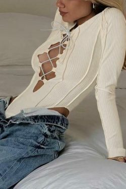 Y2K Fashion Cutout Cross Lace-Up Bodysuit for Coquette Aesthetic Grunge Style Women