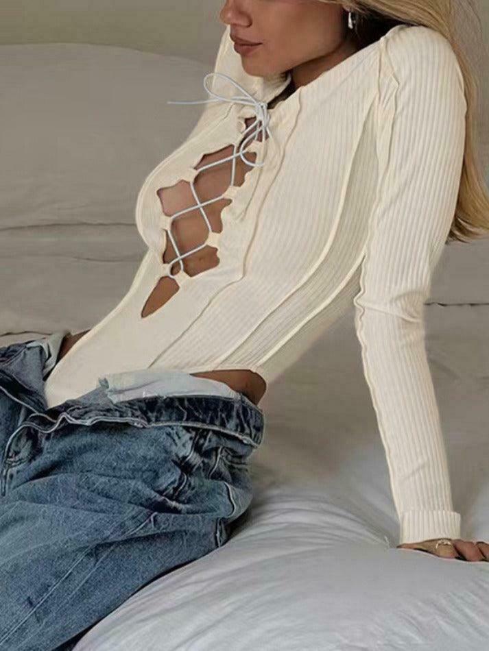 Y2K Fashion Cutout Cross Lace-Up Bodysuit for Coquette Aesthetic Grunge Style Women
