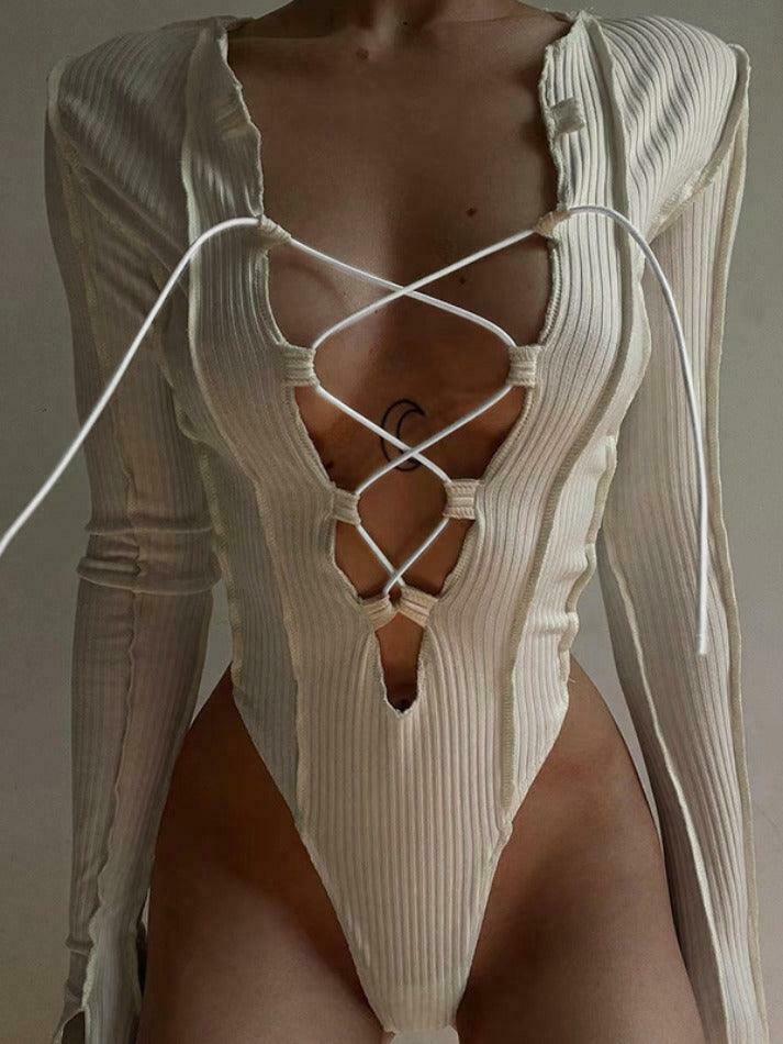 Y2K Fashion Cutout Cross Lace-Up Bodysuit for Coquette Aesthetic Grunge Style Women