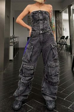 Y2K Fashion Denim Jumpsuit with Multi-Pockets for Trendy Women