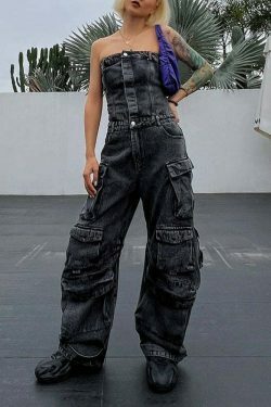 Y2K Fashion Denim Jumpsuit with Multi-Pockets for Trendy Women