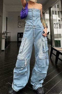 Y2K Fashion Denim Jumpsuit with Multi-Pockets for Trendy Women