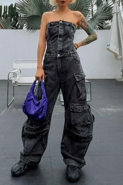 Y2K Fashion Denim Jumpsuit with Multi-Pockets for Trendy Women