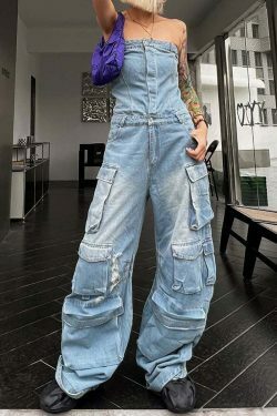 Y2K Fashion Denim Jumpsuit with Multi-Pockets for Trendy Women