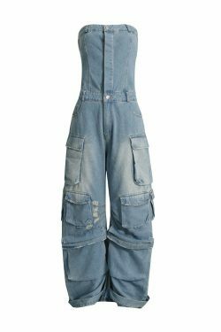 Y2K Fashion Denim Jumpsuit with Multi-Pockets for Trendy Women