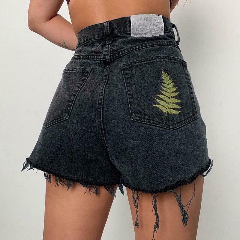 Y2K Fashion Denim Shorts with Fern Leaf Embroidery - Coquette Aesthetic Grunge Style Y2K Fashion Denim Shorts with Fern Leaf Embroidery - Coquette Aesthetic Grunge Style