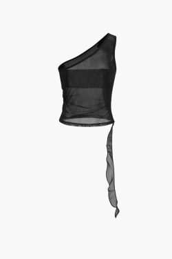 Y2K Fashion: Flower Embellished One Shoulder Mesh Tank - Coquette Aesthetic, Grunge Style