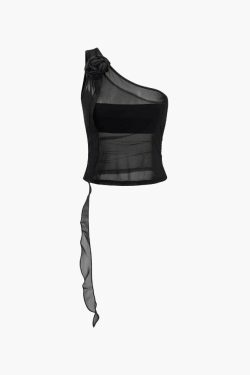 Y2K Fashion: Flower Embellished One Shoulder Mesh Tank - Coquette Aesthetic, Grunge Style