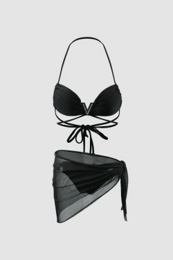 Y2K Fashion Halter Bikini Set with Mesh Sarong - Coquette Aesthetic Grunge Style