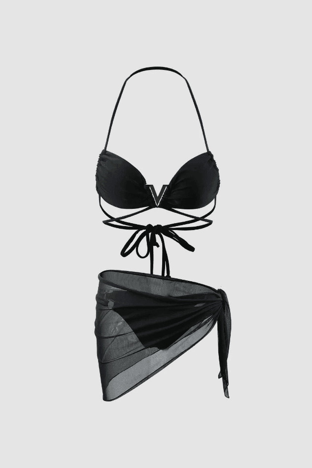 Y2K Fashion Halter Bikini Set with Mesh Sarong - Coquette Aesthetic Grunge Style Y2K Fashion Halter Bikini Set with Mesh Sarong - Coquette Aesthetic Grunge Style