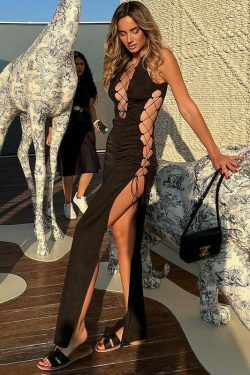 Y2K Fashion Hollow Strap Mid-Length Dress - Coquette Aesthetic, Grunge Style, Pastel Goth