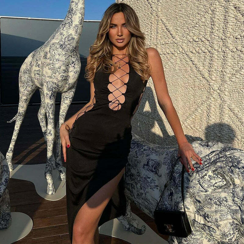 Y2K Fashion Hollow Strap Mid-Length Dress - Coquette Aesthetic, Grunge Style, Pastel Goth Y2K Fashion Hollow Strap Mid-Length Dress - Coquette Aesthetic, Grunge Style, Pastel Goth